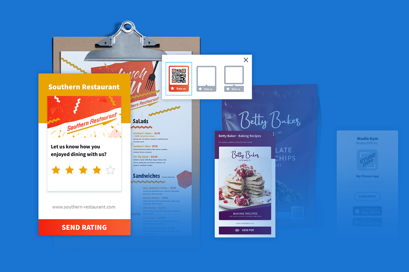 Variety of QR Code solutions made with QR-Code-Generator.com used on different marketing materials