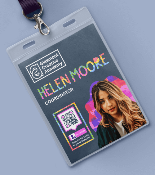 A business card of a member of the educational institution with a QR Code that contains contact details.