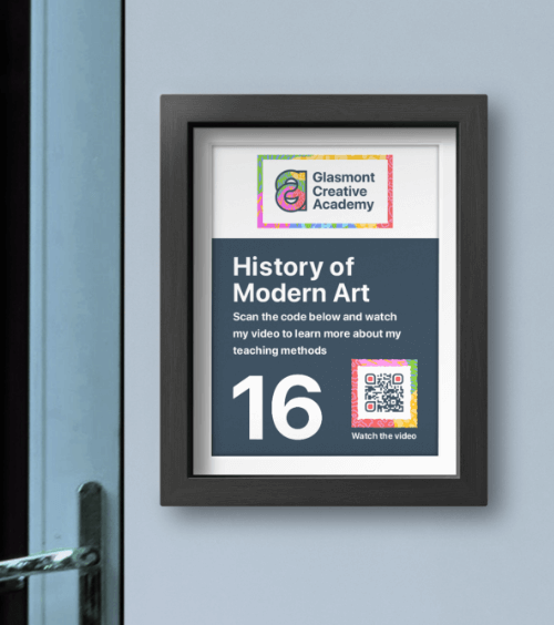 An office door sign at an educational institution with a QR Code that displays a video introduction from a teacher.