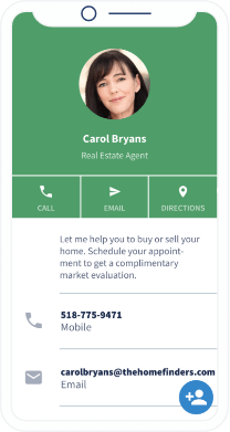 A QR Code landing page that displays contact details that include a short profile summary, phone number, and email address.